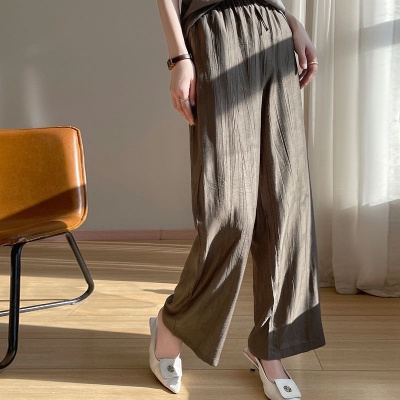 Drawstring Waist Plain Wide Leg Pants