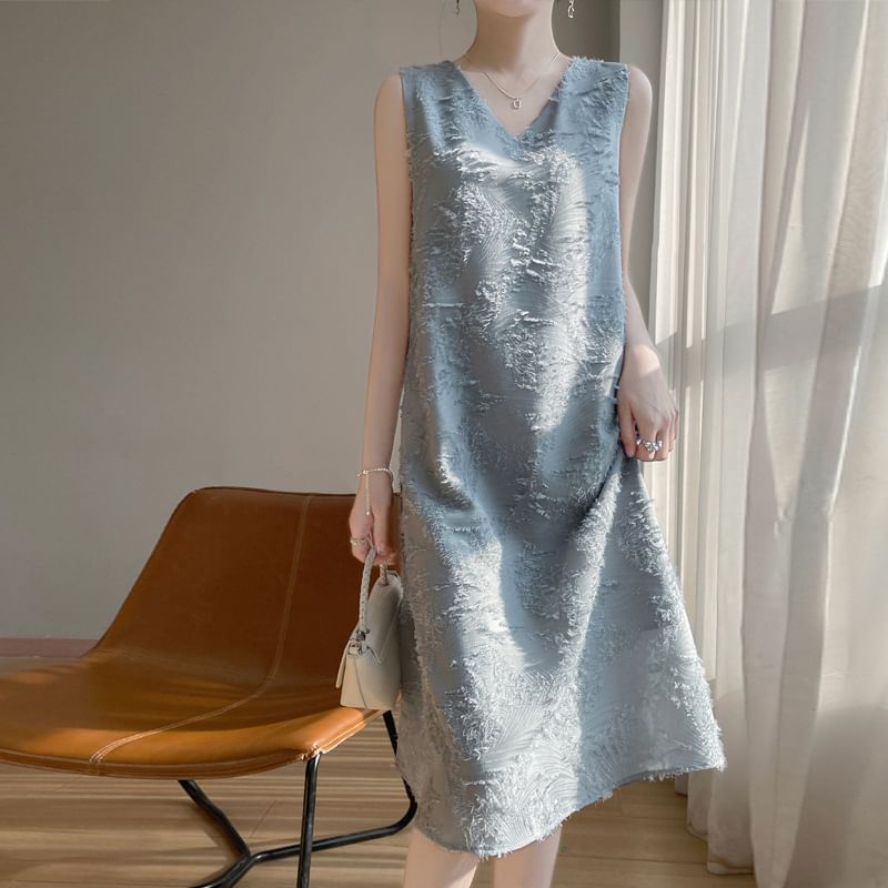 Sleeveless V-Neck Patterned Fringed Trim Midi Smock Dress