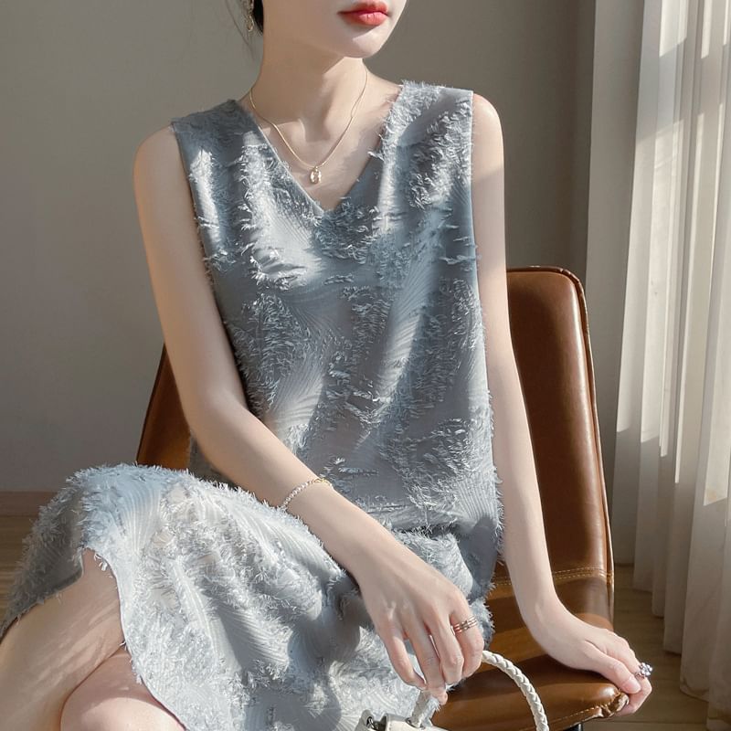 Sleeveless V-Neck Patterned Fringed Trim Midi Smock Dress