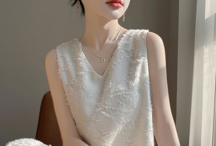 Sleeveless V-Neck Patterned Fringed Trim Midi Smock Dress