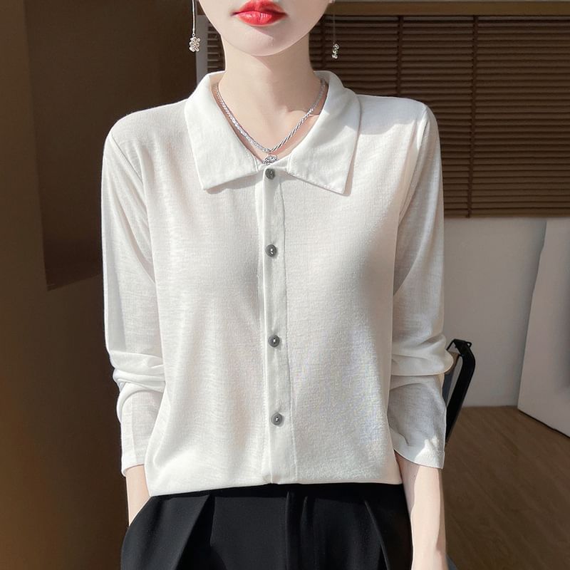 Long-Sleeve Collar Plain Button-Up T-Shirt