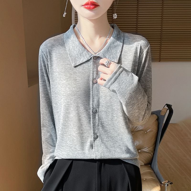Long-Sleeve Collar Plain Button-Up T-Shirt