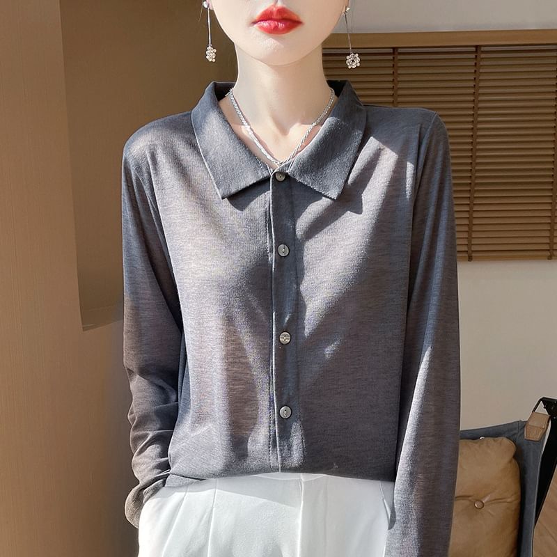 Long-Sleeve Collar Plain Button-Up T-Shirt