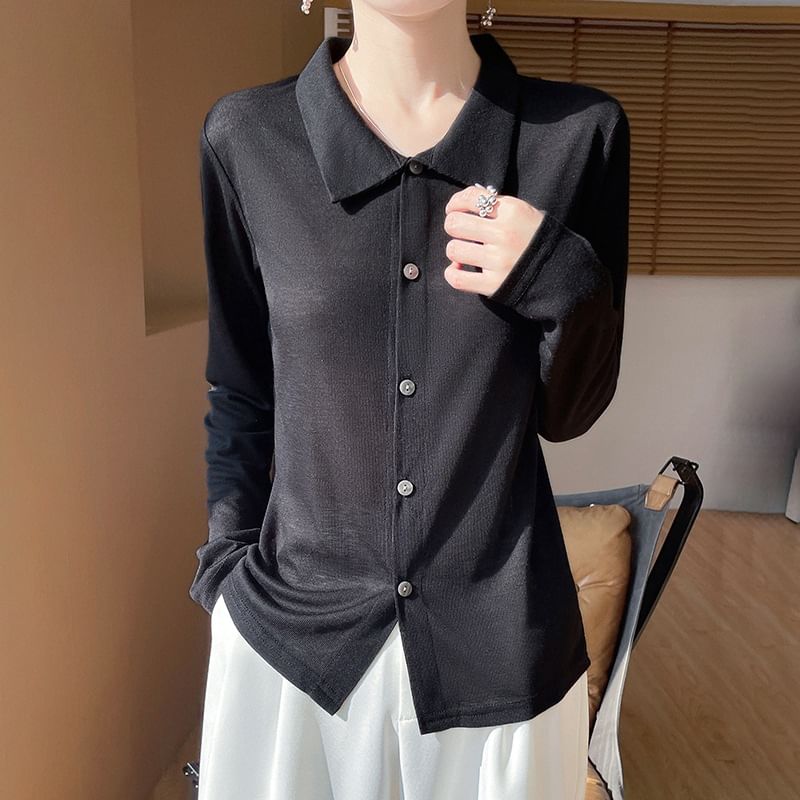 Long-Sleeve Collar Plain Button-Up T-Shirt