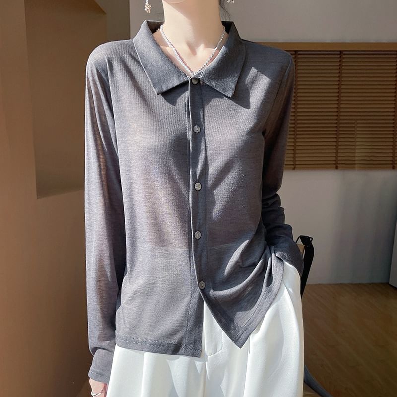 Long-Sleeve Collar Plain Button-Up T-Shirt