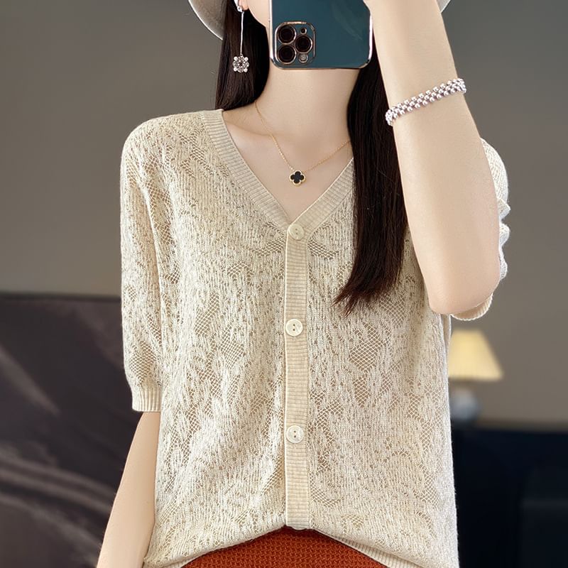 Short-Sleeve V-Neck Floral Cardigan