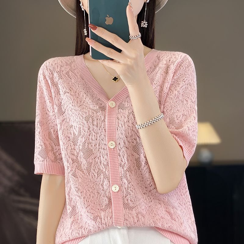 Short-Sleeve V-Neck Floral Cardigan