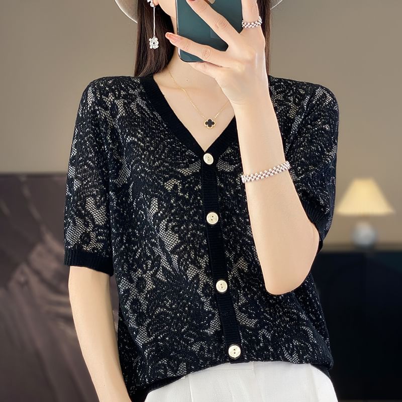 Short-Sleeve V-Neck Floral Cardigan