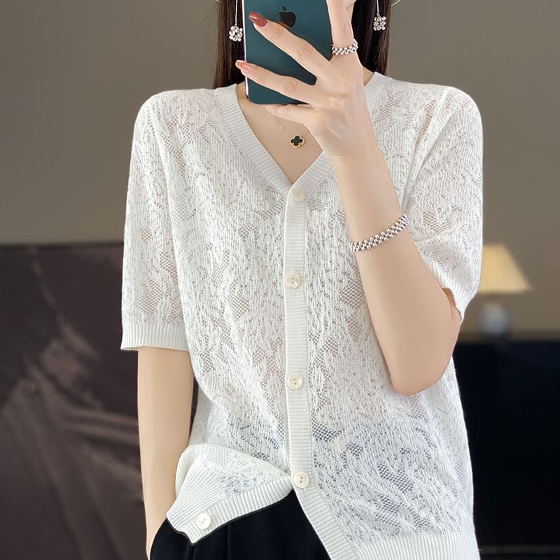 Short-Sleeve V-Neck Floral Cardigan