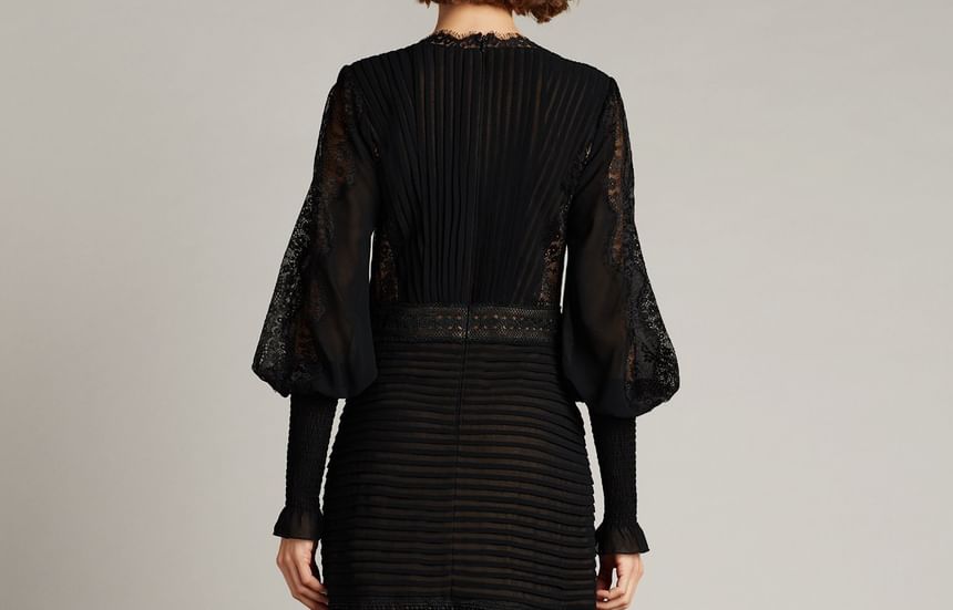 Lantern-Sleeve V-Neck Striped Lace Trim Midi A-Line Dress