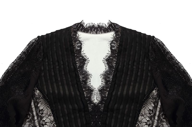 Lantern-Sleeve V-Neck Striped Lace Trim Midi A-Line Dress