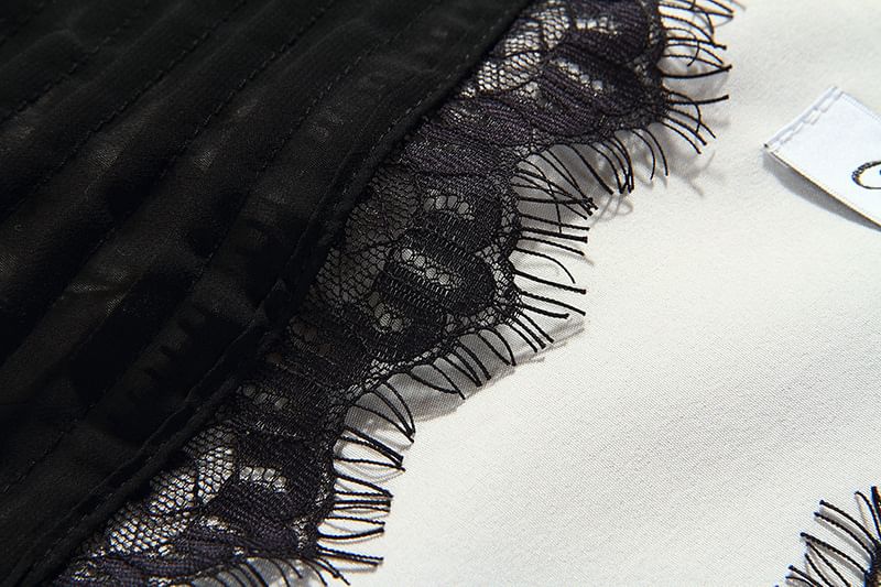 Lantern-Sleeve V-Neck Striped Lace Trim Midi A-Line Dress