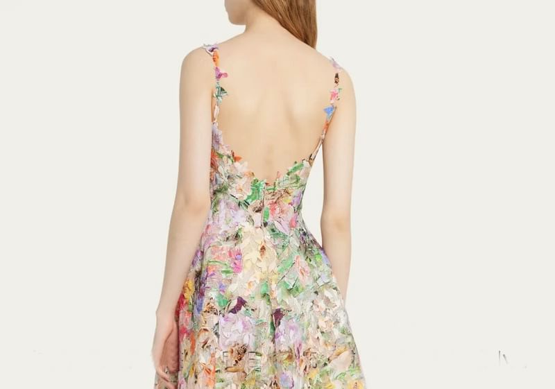 Spaghetti Strap Floral Open Back Midi A-Line Dress