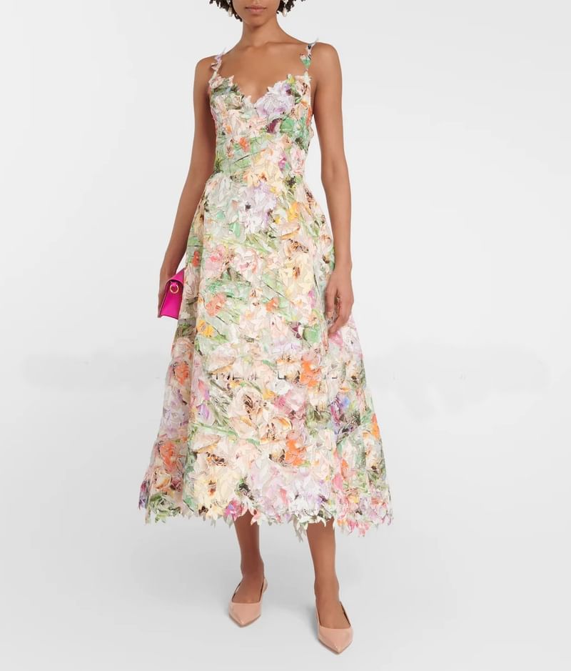 Spaghetti Strap Floral Open Back Midi A-Line Dress