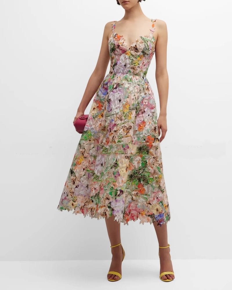 Spaghetti Strap Floral Open Back Midi A-Line Dress