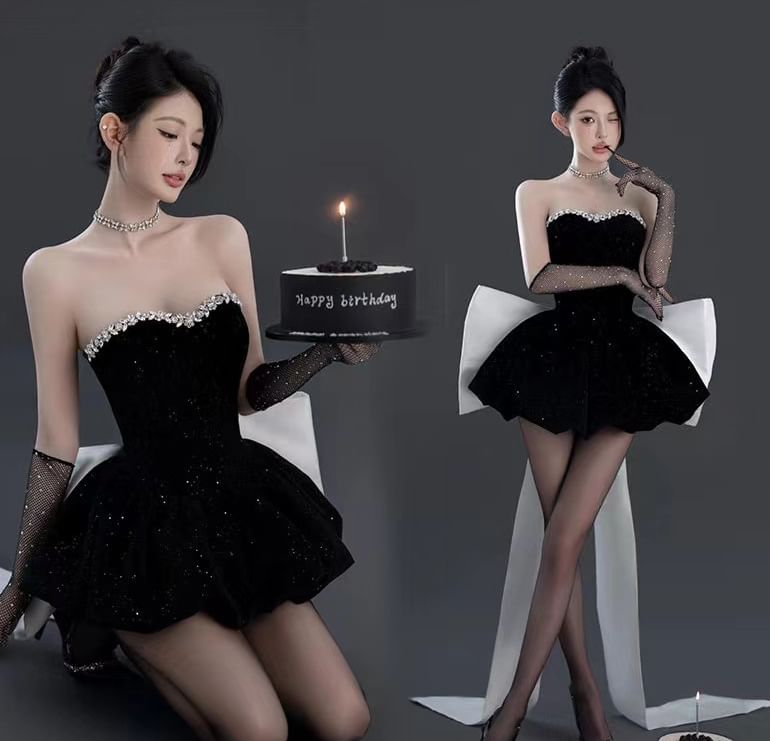 Strapless Sequin Rhinestone Mini A-Line Cocktail Dress