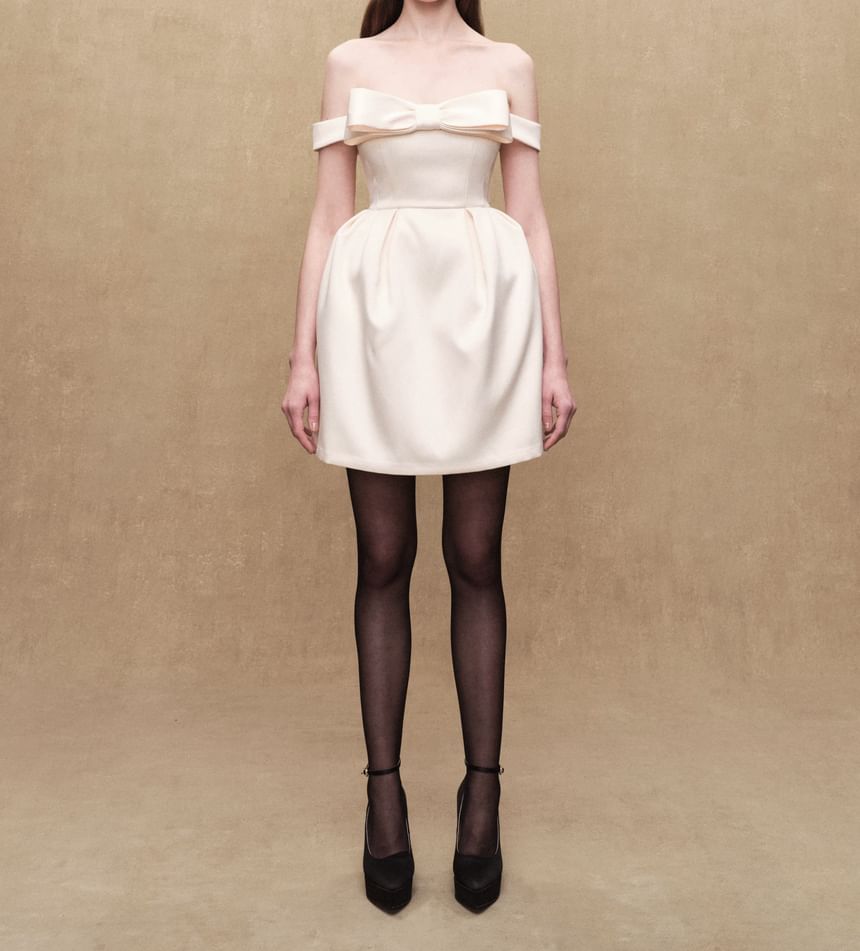 Off-Shoulder Plain Bow Mini A-Line Dress