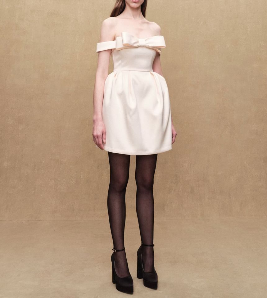 Off-Shoulder Plain Bow Mini A-Line Dress