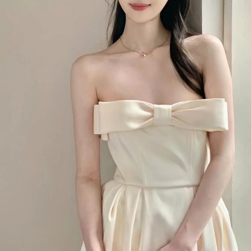 Off-Shoulder Plain Bow Mini A-Line Dress