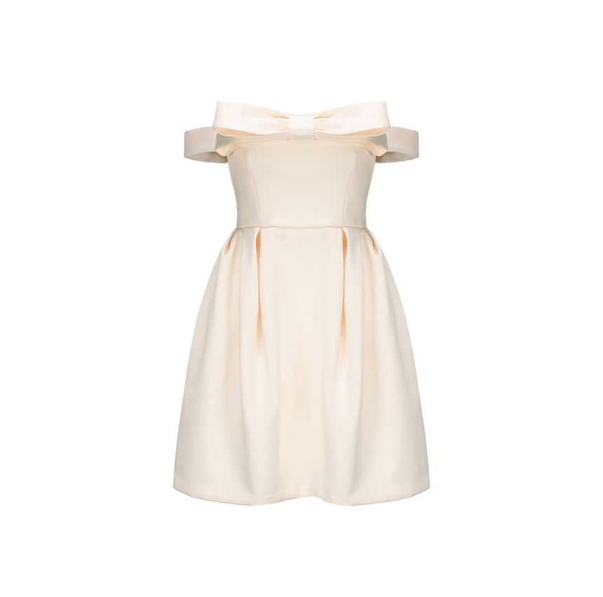 Off-Shoulder Plain Bow Mini A-Line Dress