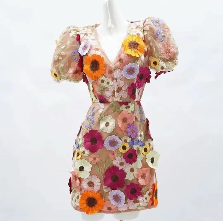 Puff-Sleeve V-Neck Flower Embroidered Mini Sheath Dress