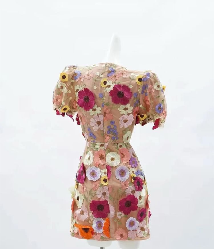 Puff-Sleeve V-Neck Flower Embroidered Mini Sheath Dress