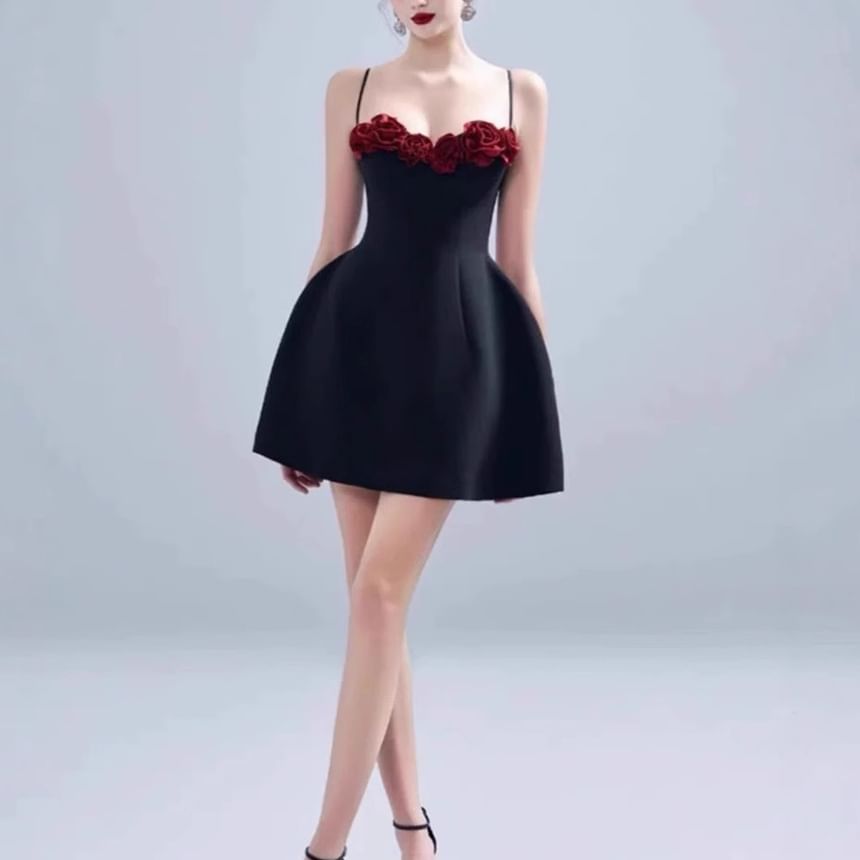 Spaghetti Strap Plain Flower Detail Mini A-Line Dress