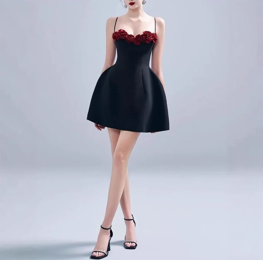 Spaghetti Strap Plain Flower Detail Mini A-Line Dress