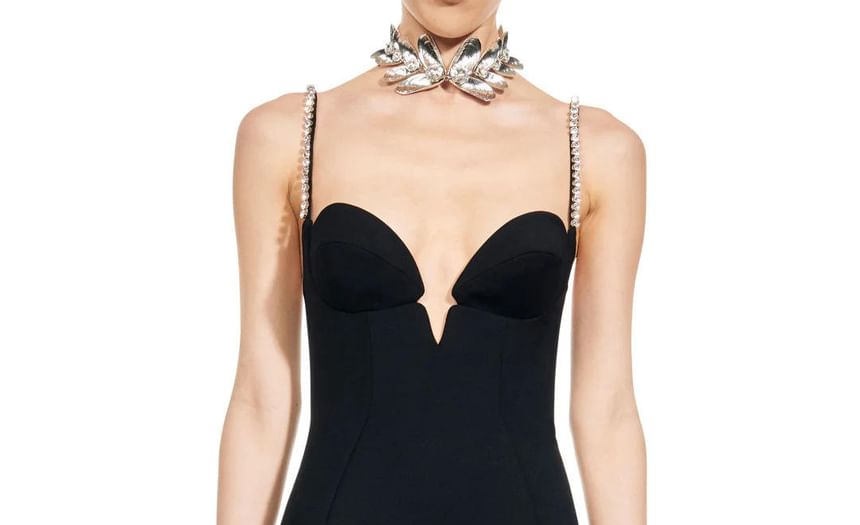 Spaghetti Strap Rhinestone Bow Faux Pearl Mini Bodycon Dress