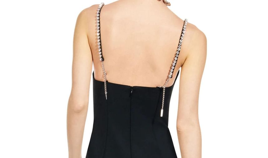 Spaghetti Strap Rhinestone Bow Faux Pearl Mini Bodycon Dress