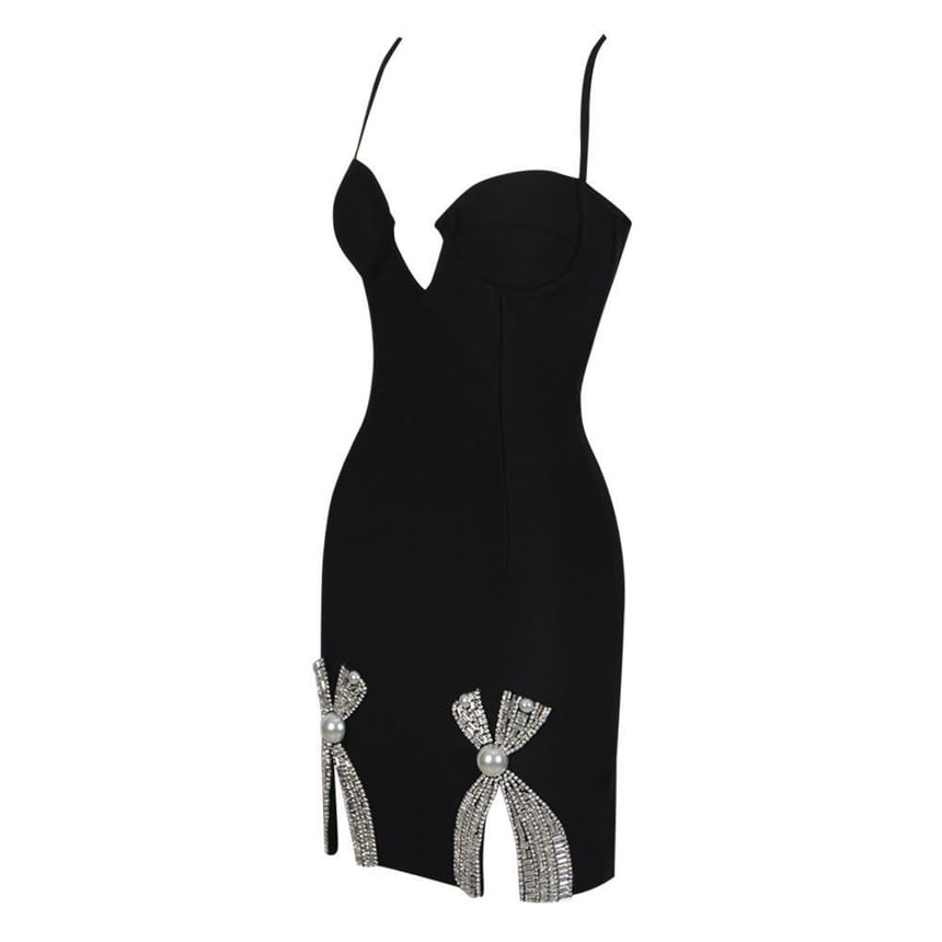 Spaghetti Strap Rhinestone Bow Faux Pearl Mini Bodycon Dress
