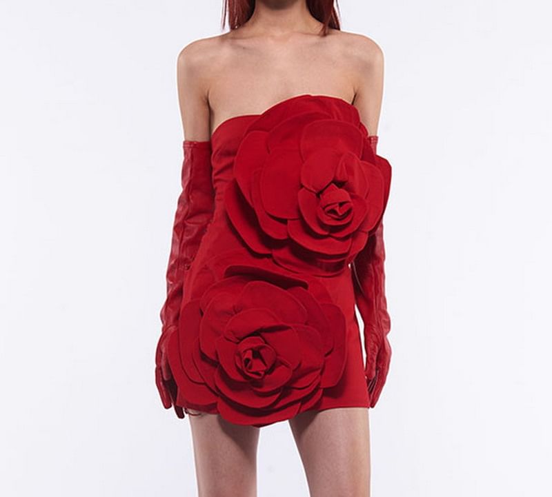 Strapless Plain Flower Detail Mini Sheath Dress