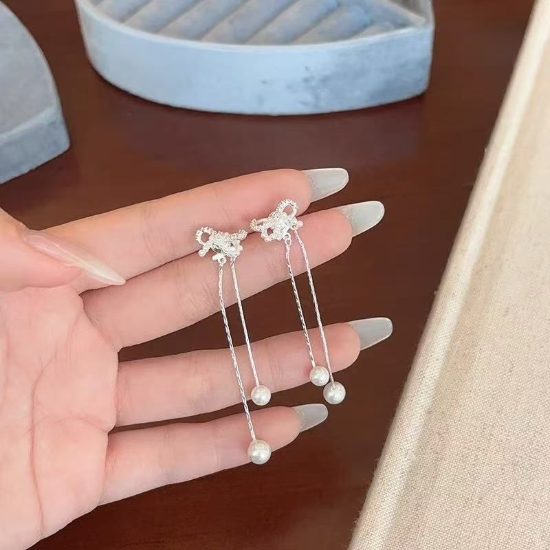 Pearl Bowknot Faux Earring Dangle Rhinestone