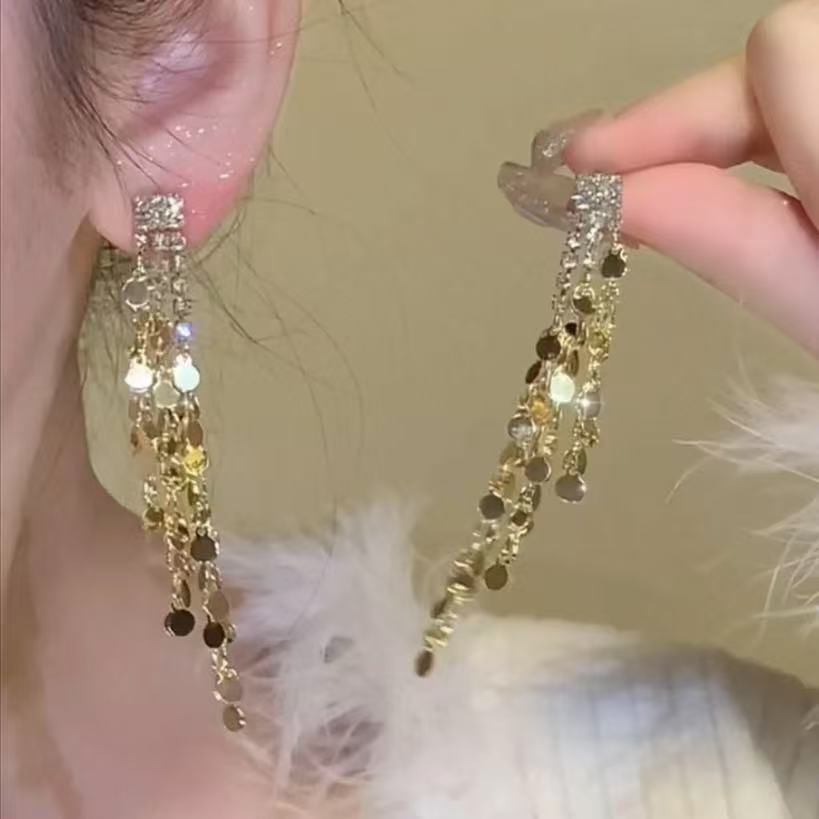 Earring Dangle Rhinestone Tassel Long