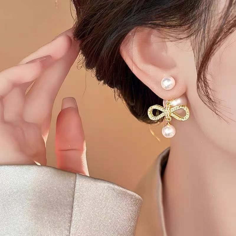 Pearl Bow Drop Alloy Earring Faux