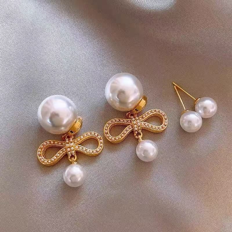 Pearl Bow Drop Alloy Earring Faux