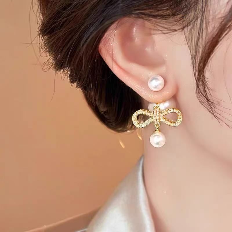 Pearl Bow Drop Alloy Earring Faux