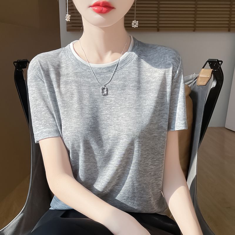 Short-Sleeve Crewneck Plain Knit Top