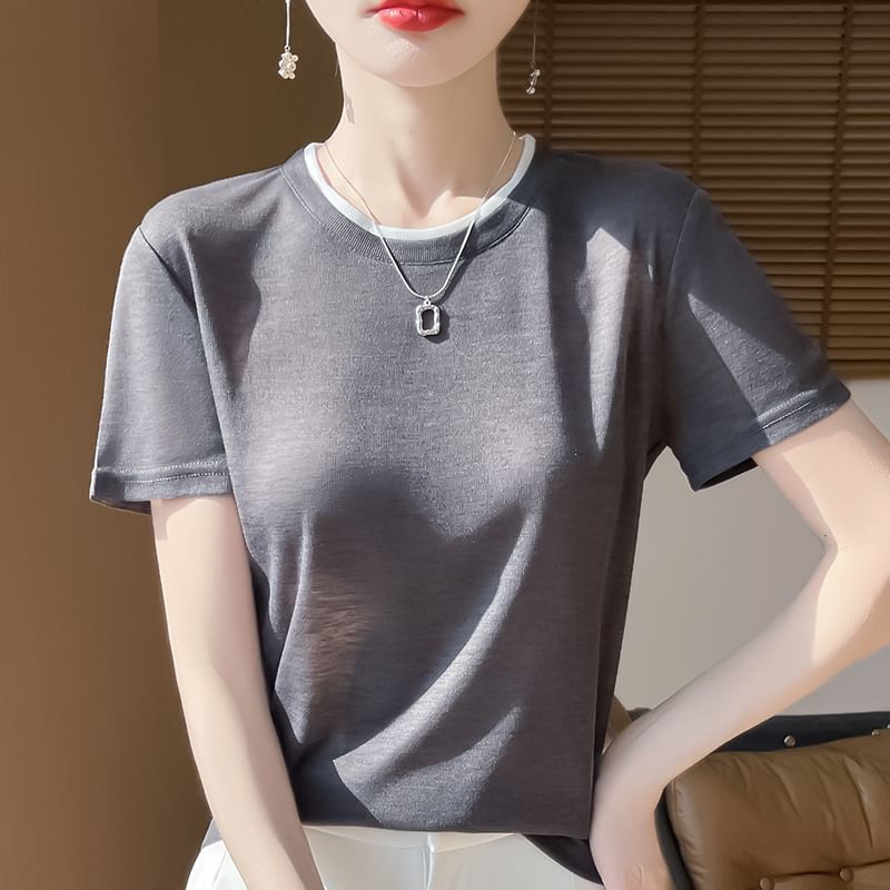 Short-Sleeve Crewneck Plain Knit Top