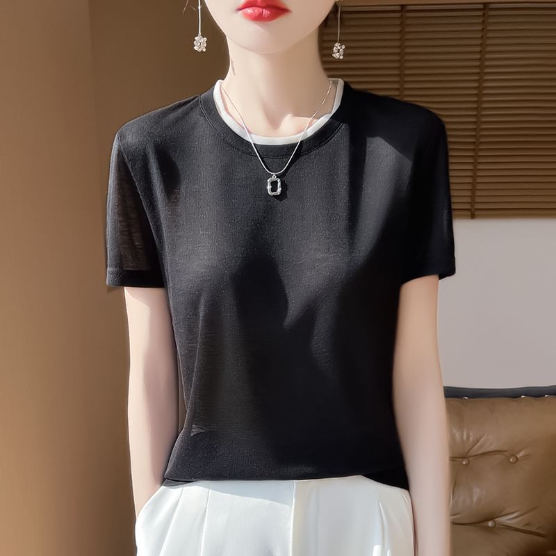 Short-Sleeve Crewneck Plain Knit Top