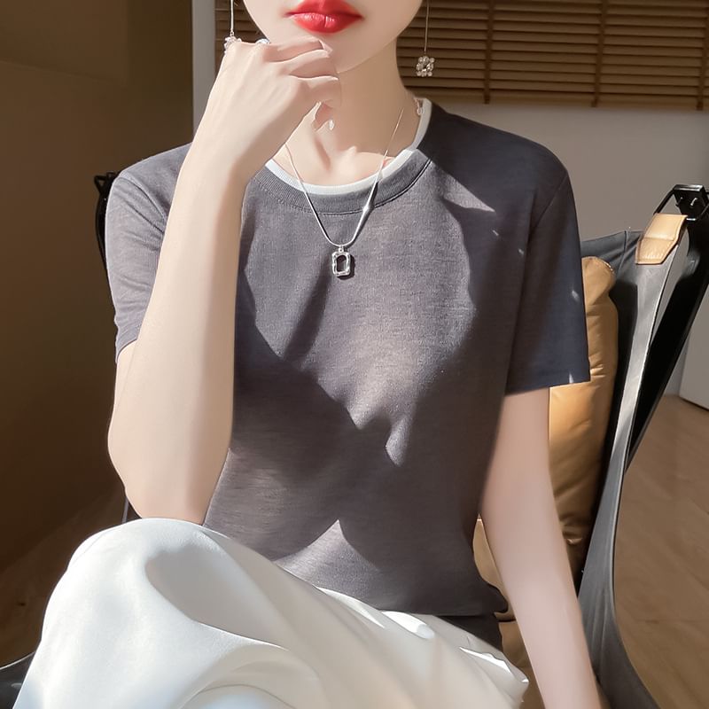 Short-Sleeve Crewneck Plain Knit Top