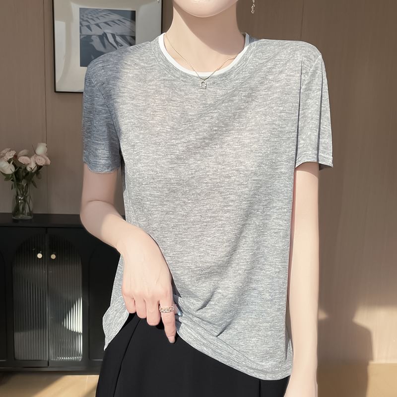 Short-Sleeve Crewneck Plain Knit Top