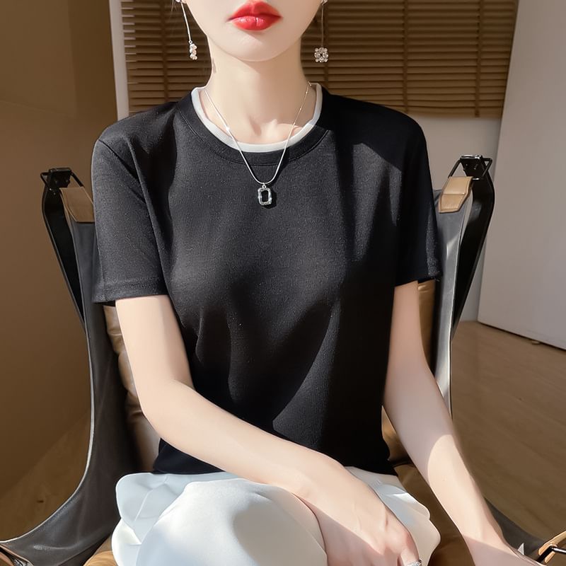 Short-Sleeve Crewneck Plain Knit Top