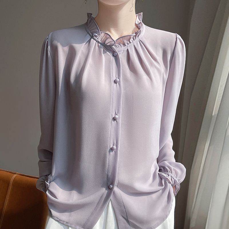Long-Sleeve Frill Trim Plain Shirt