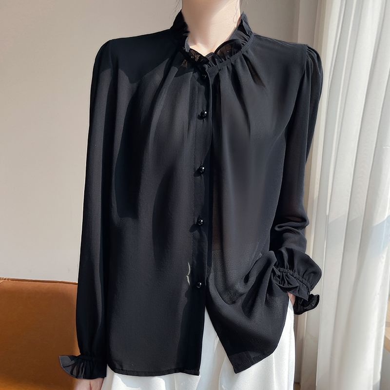 Long-Sleeve Frill Trim Plain Shirt