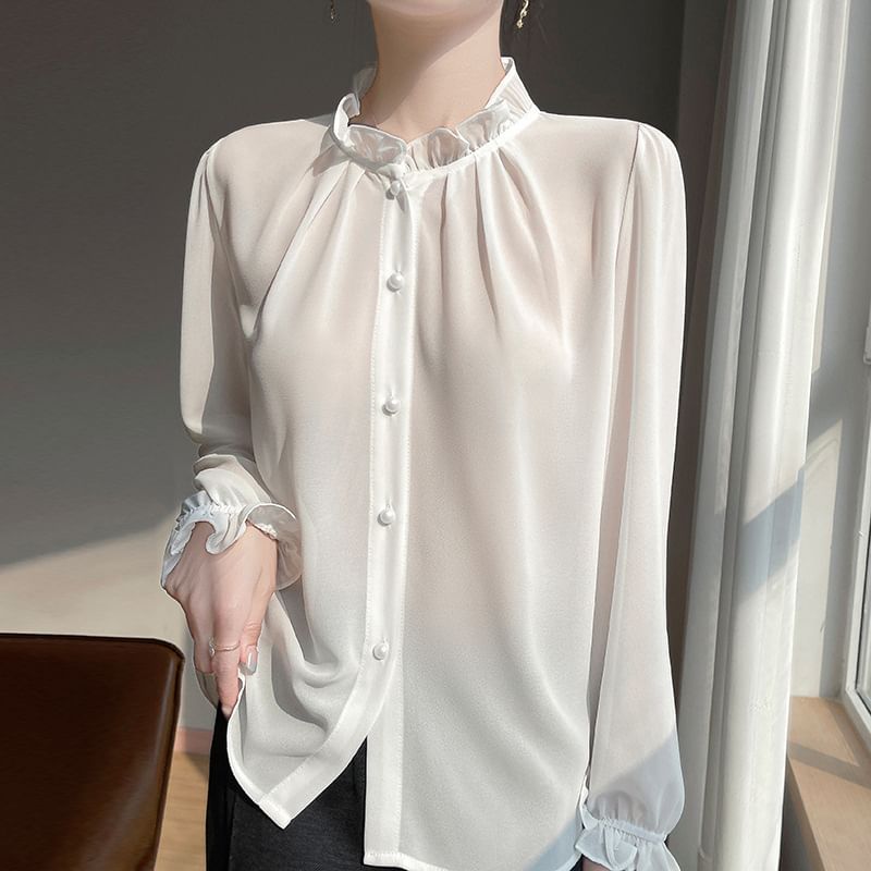 Long-Sleeve Frill Trim Plain Shirt
