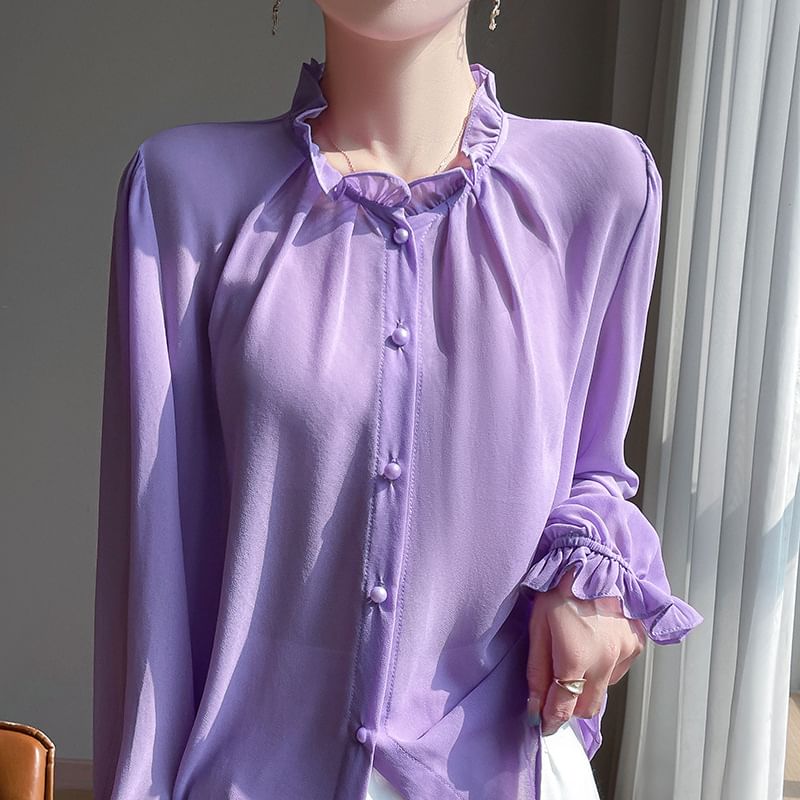 Long-Sleeve Frill Trim Plain Shirt