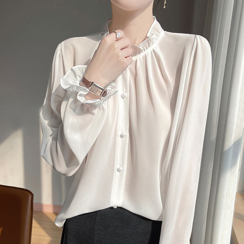 Long-Sleeve Frill Trim Plain Shirt