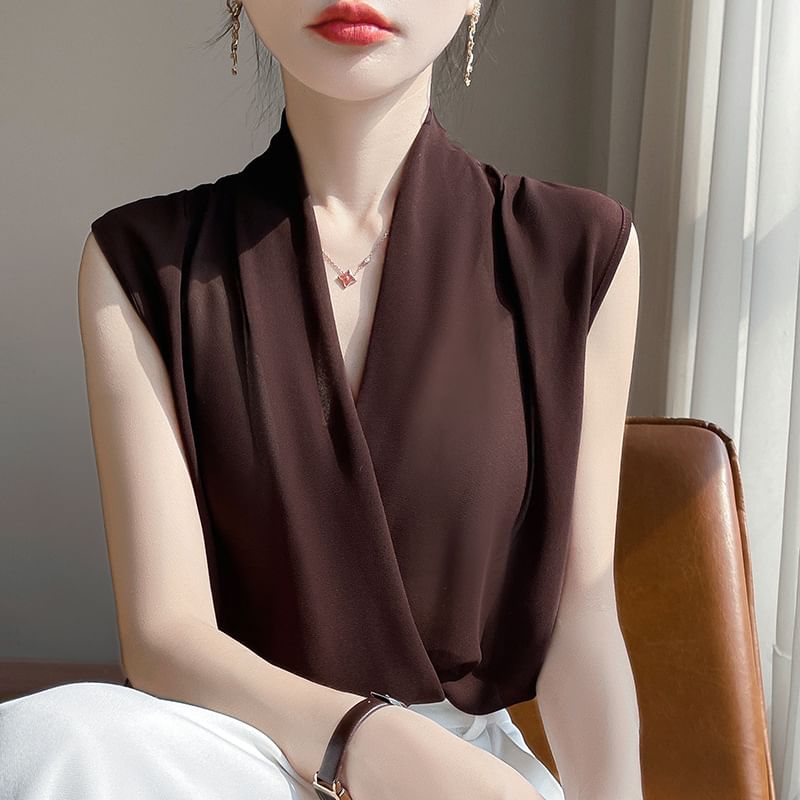 Sleeveless V-Neck Sheer Plain Top