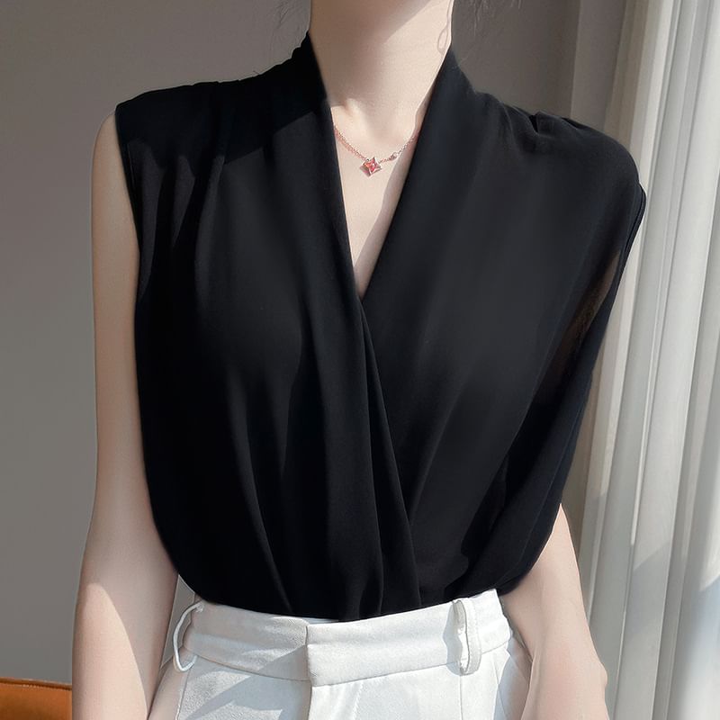 Sleeveless V-Neck Sheer Plain Top